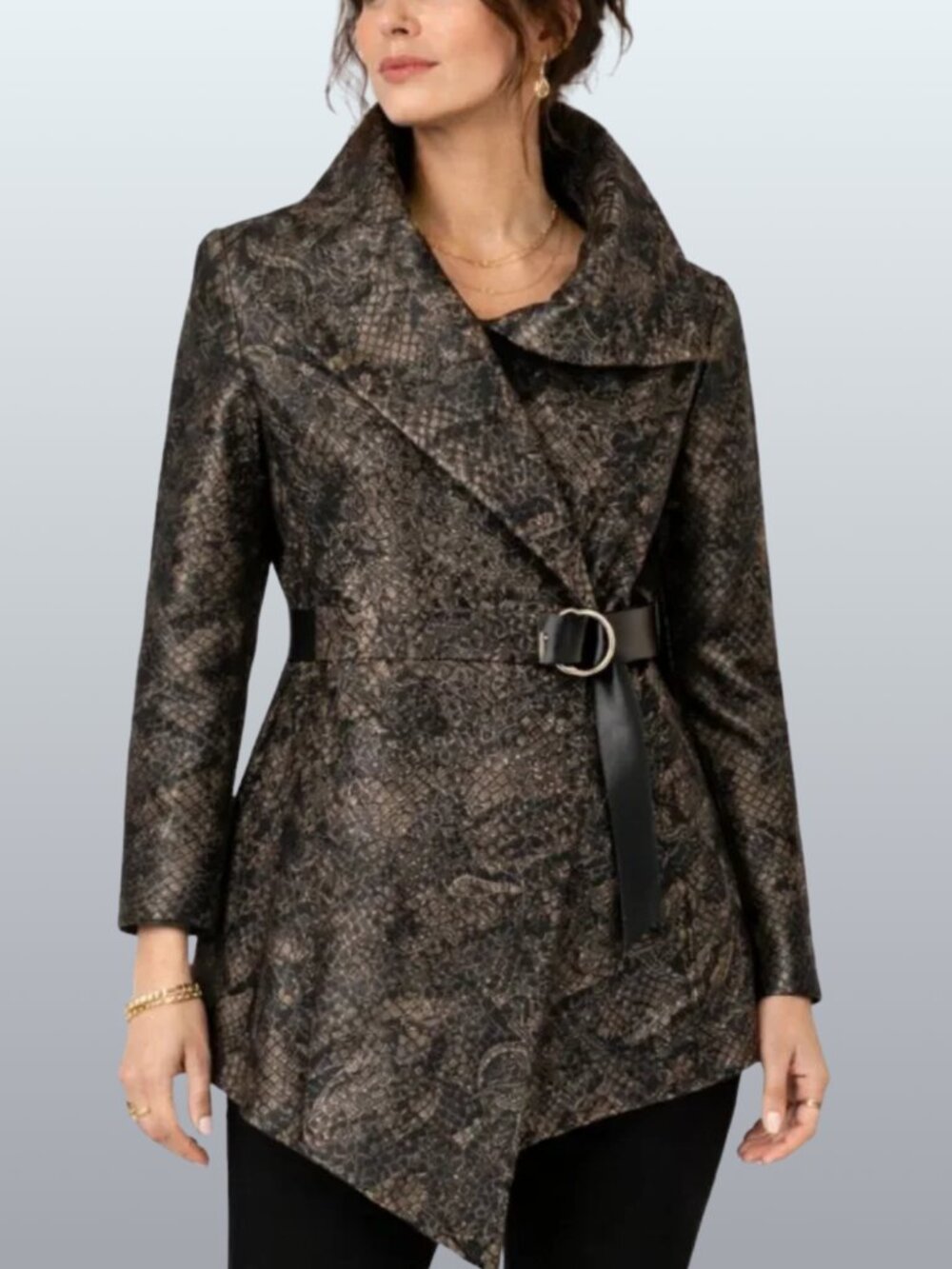 esmé Asymmetrical Wrap Jacket Belted Jacquard Sculptural Black Bronze Large NWOT